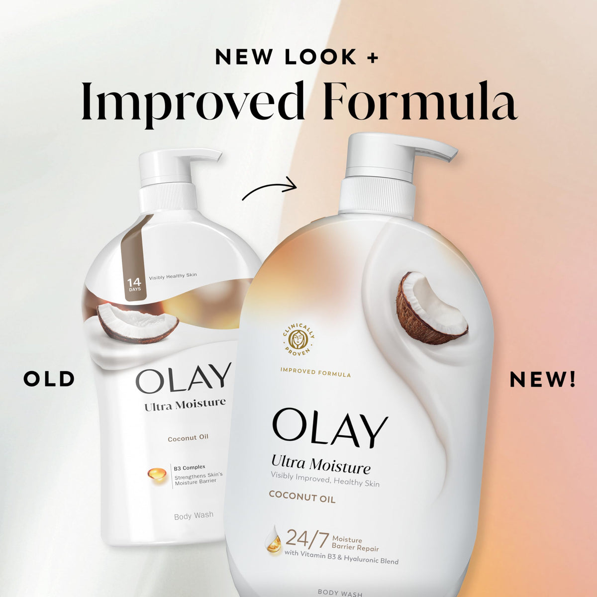 Olay body wash paired with Olay lotion showing a two-step hydration regimen