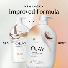 Olay body wash paired with Olay lotion showing a two-step hydration regimen