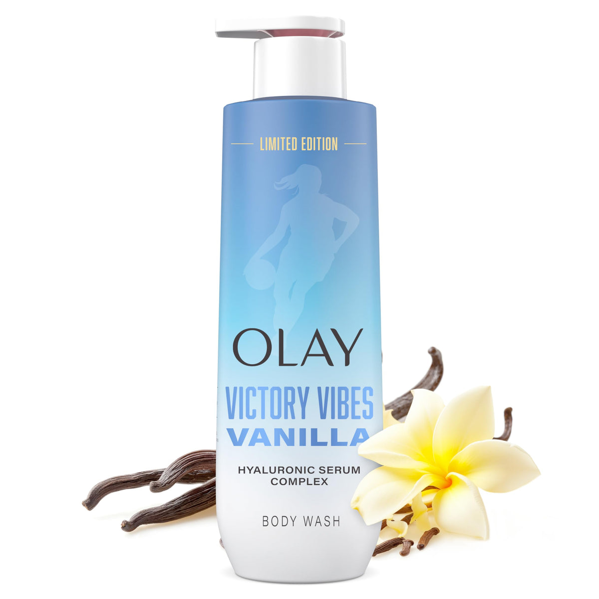 Olay Victory Vibes Vanilla front bottle view showcasing product and scent