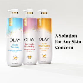 Olay wash applied to forearm, visibly gentle cleansing and moisturized skin benefit