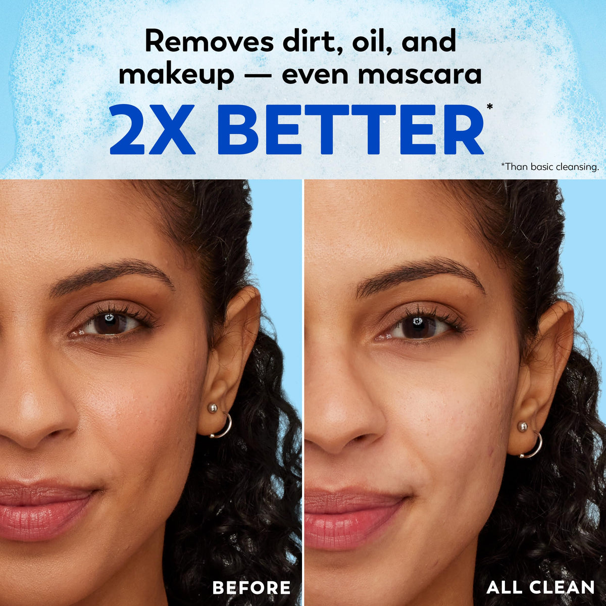 Olay wipe removing mascara to show effective eye makeup removal