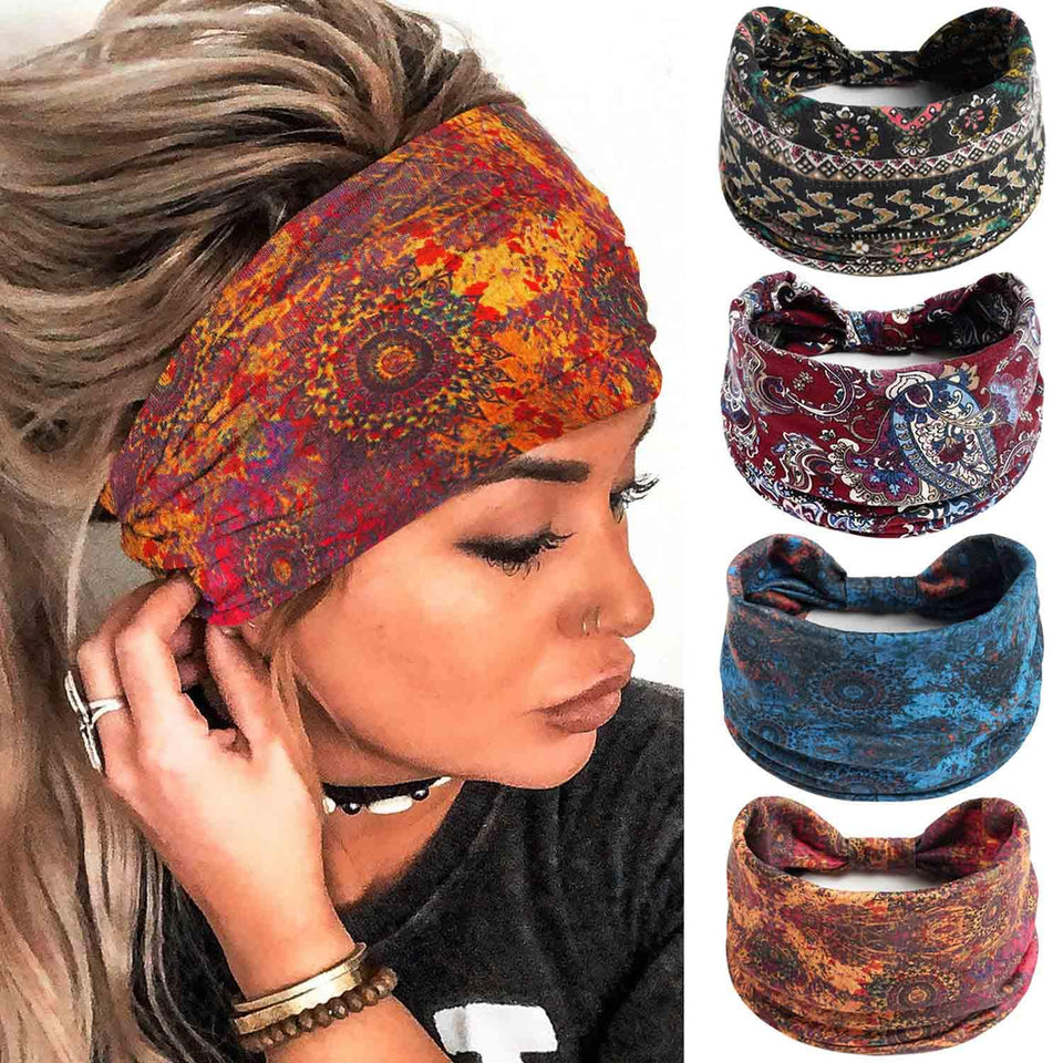 Olbye front view of four floral headbands showing patterns and pack benefit
