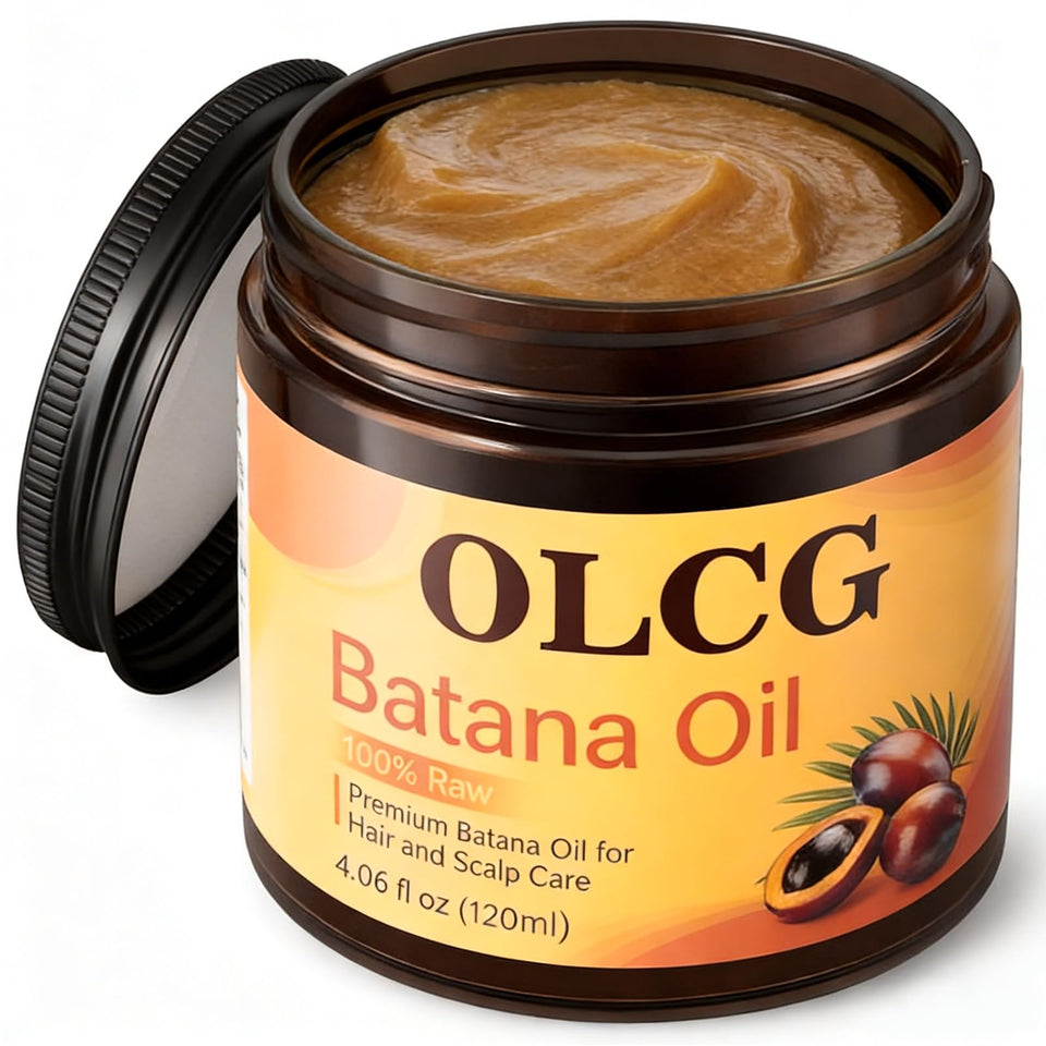 OLCG jar front view showing Batana paste, clear branding and benefits