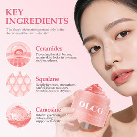 OLCG ingredient layout with hyaluronic acid and collagen highlights for skin benefits