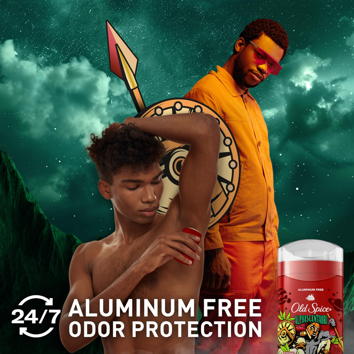 Old Spice applying clear finish underarm demonstrating no white marks