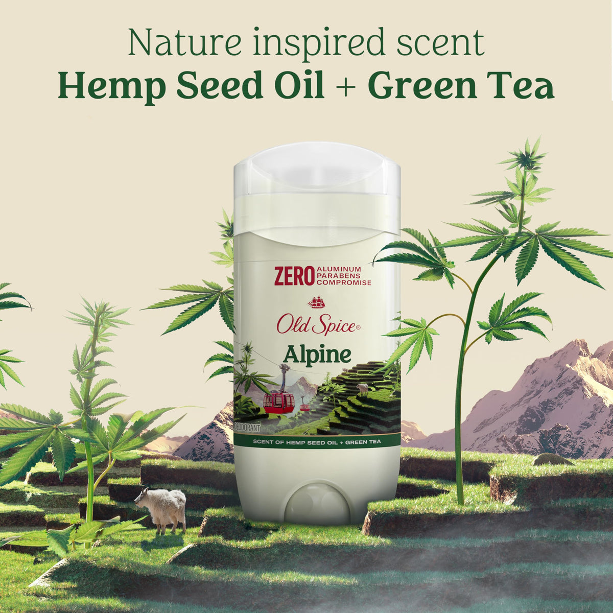 Old Spice Alpine on bathroom shelf with scale to show compact 3.0 oz size benefit