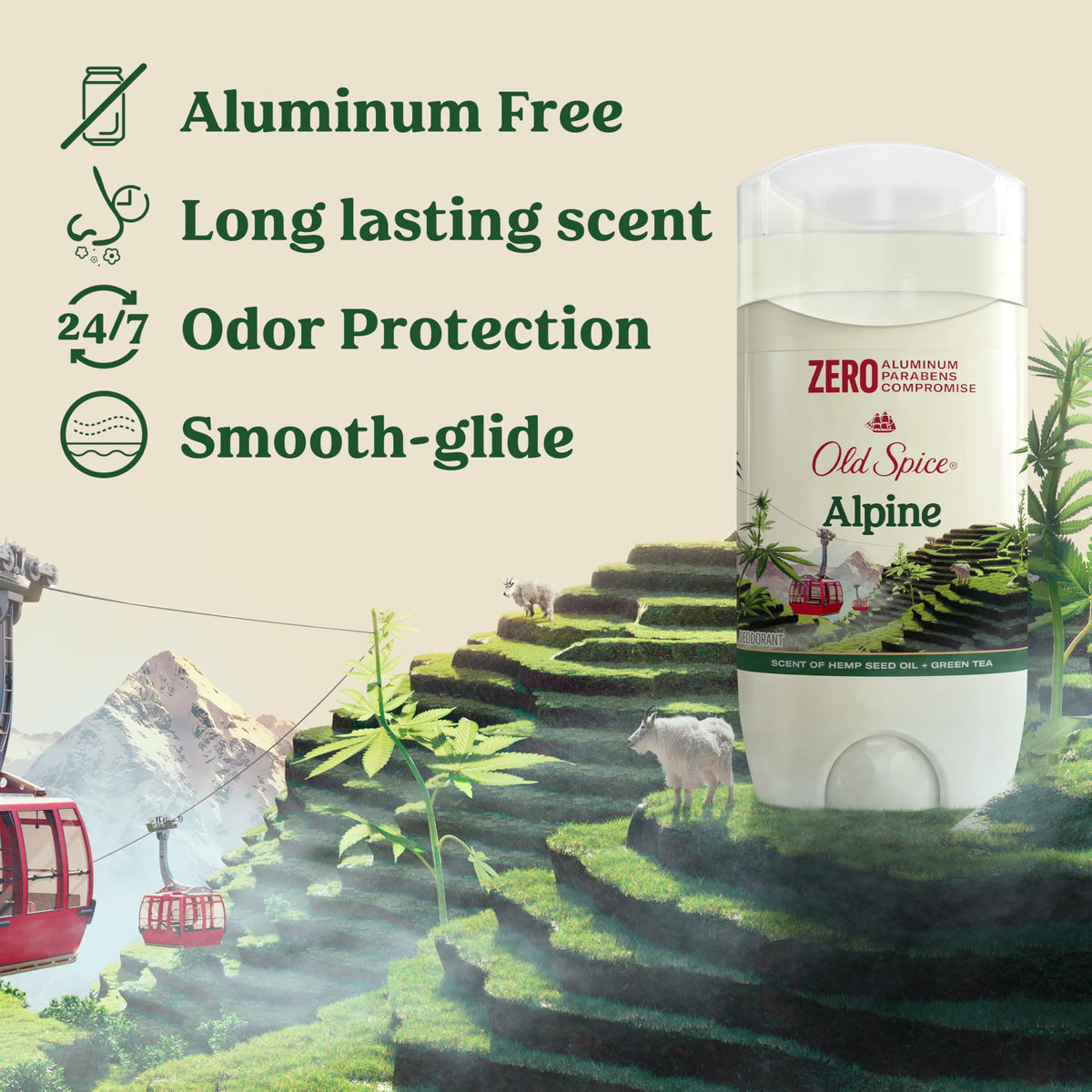 Old Spice Alpine stick texture close-up illustrating smooth glide and easy application benefit