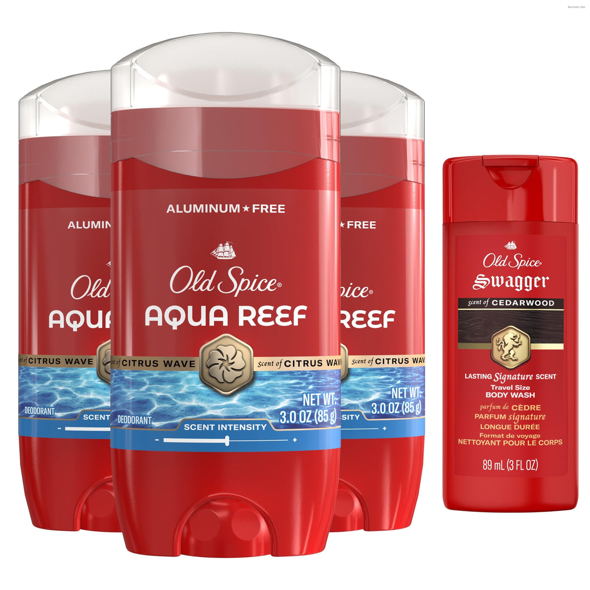 Old Spice front packaging showing Aqua Reef pack and benefits