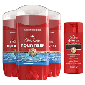 Old Spice front packaging showing Aqua Reef pack and benefits