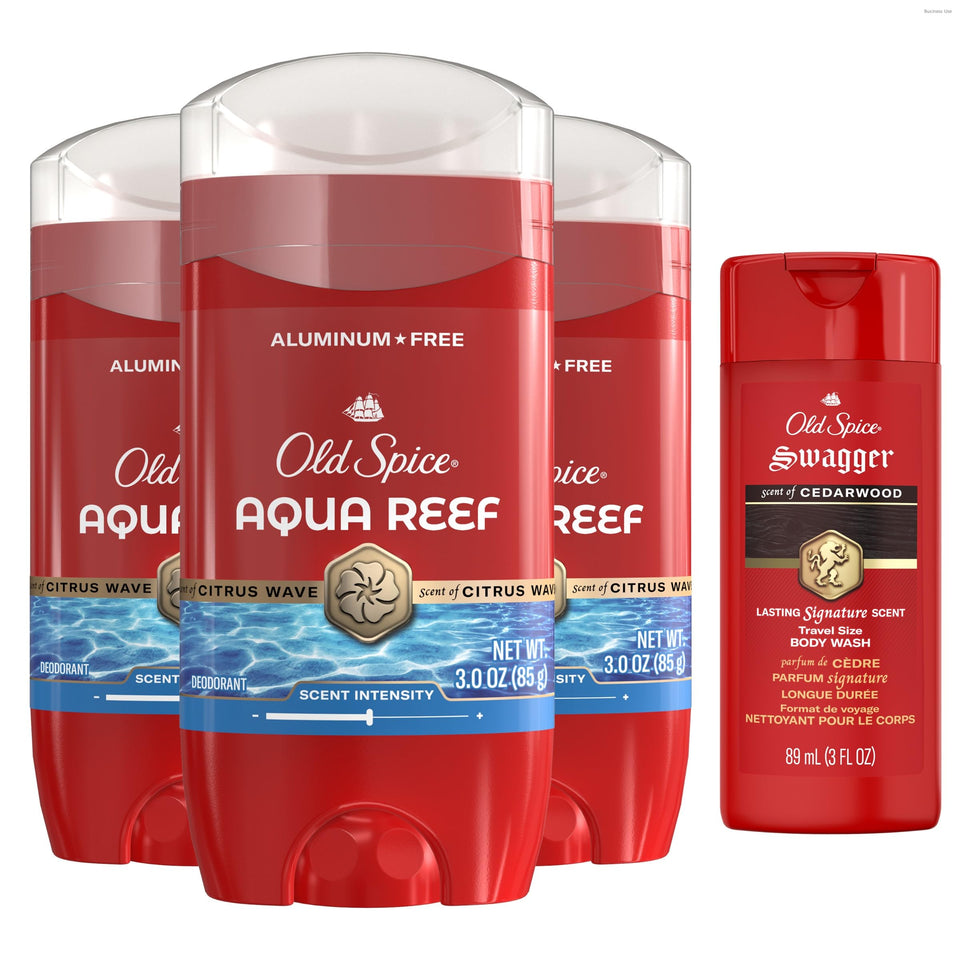 Old Spice front packaging showing Aqua Reef pack and benefits