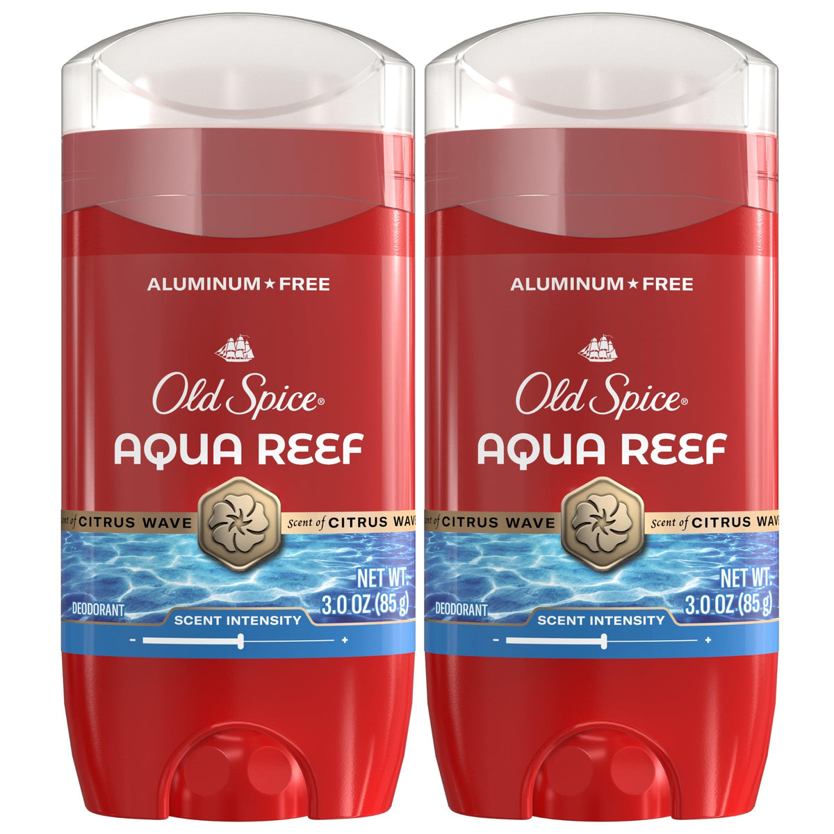 Old Spice front packaging showing Aqua Reef stick and bold branding benefit: recognizable scent