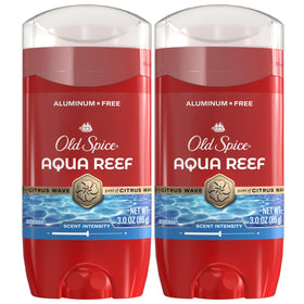 Old Spice front packaging showing Aqua Reef stick and bold branding benefit: recognizable scent