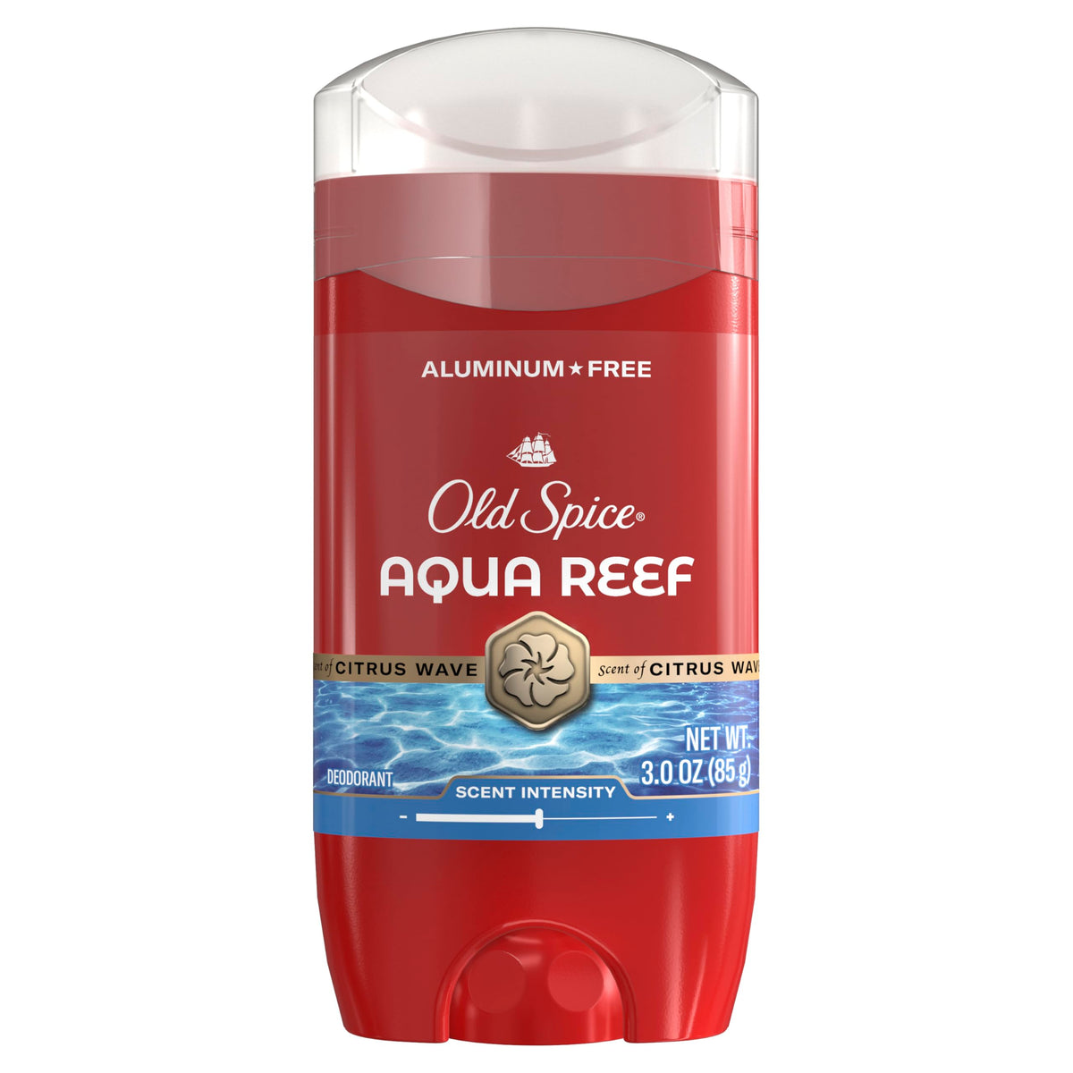 Old Spice front packaging showing Aqua Reef scent and 3.0 oz size benefits