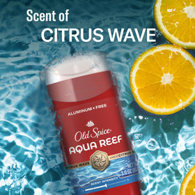 Old Spice Aqua Reef label highlighting cypress and lime fragrance notes