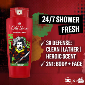 Old Spice Aquaman back label close-up showing ingredients and usage details