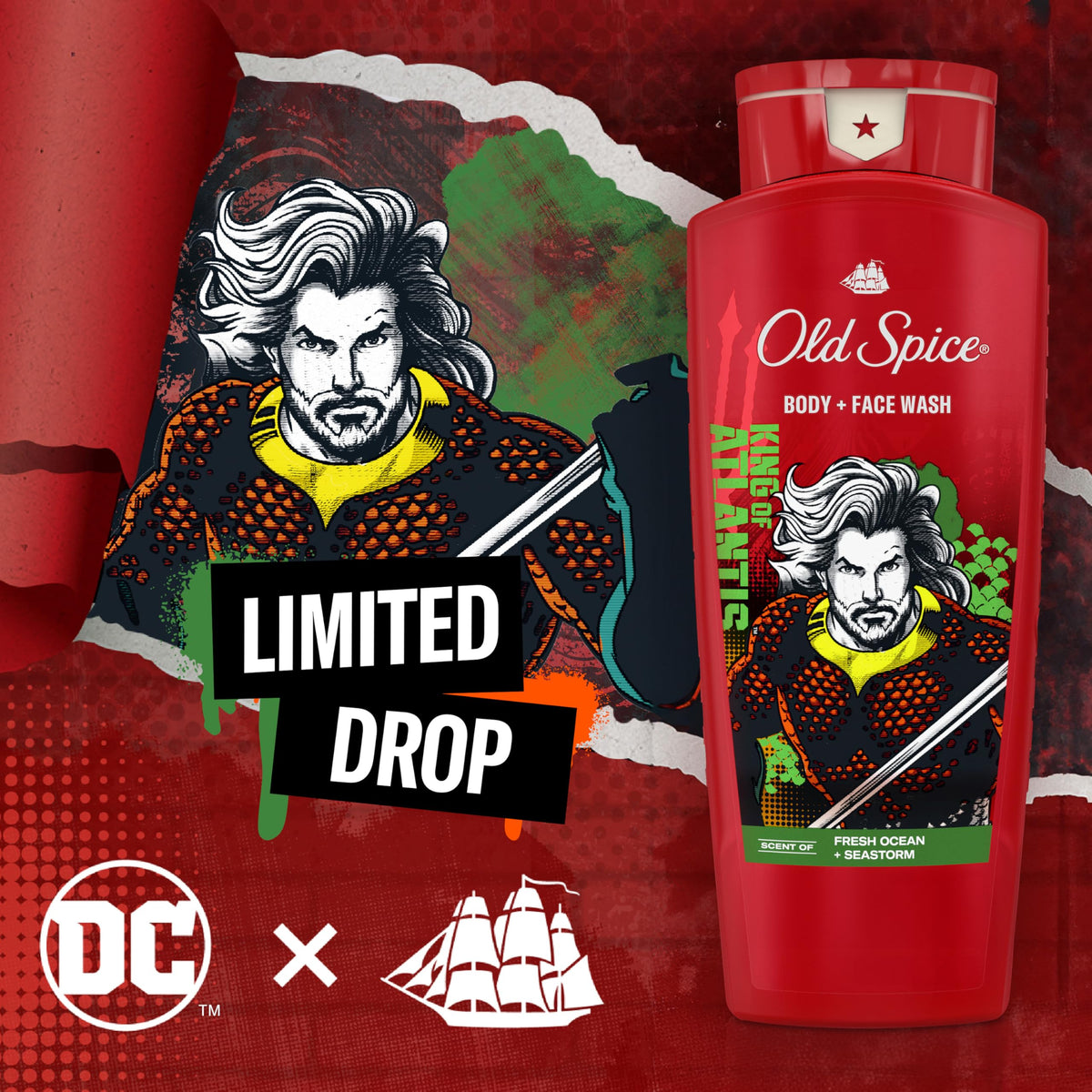 Old Spice Aquaman in-shower lifestyle shot illustrating easy two-in-one use