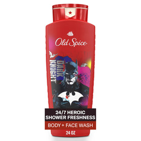 Old Spice bottle front label showing Batman artwork and 3X Defense benefit