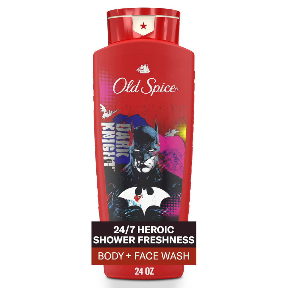 Old Spice bottle front label showing Batman artwork and 3X Defense benefit