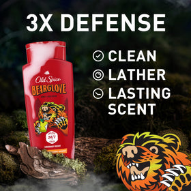 Old Spice back label close-up displaying usage details and benefits