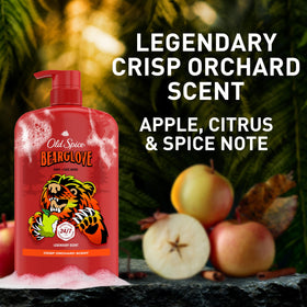 Old Spice bottle back ingredients view showing product information benefit