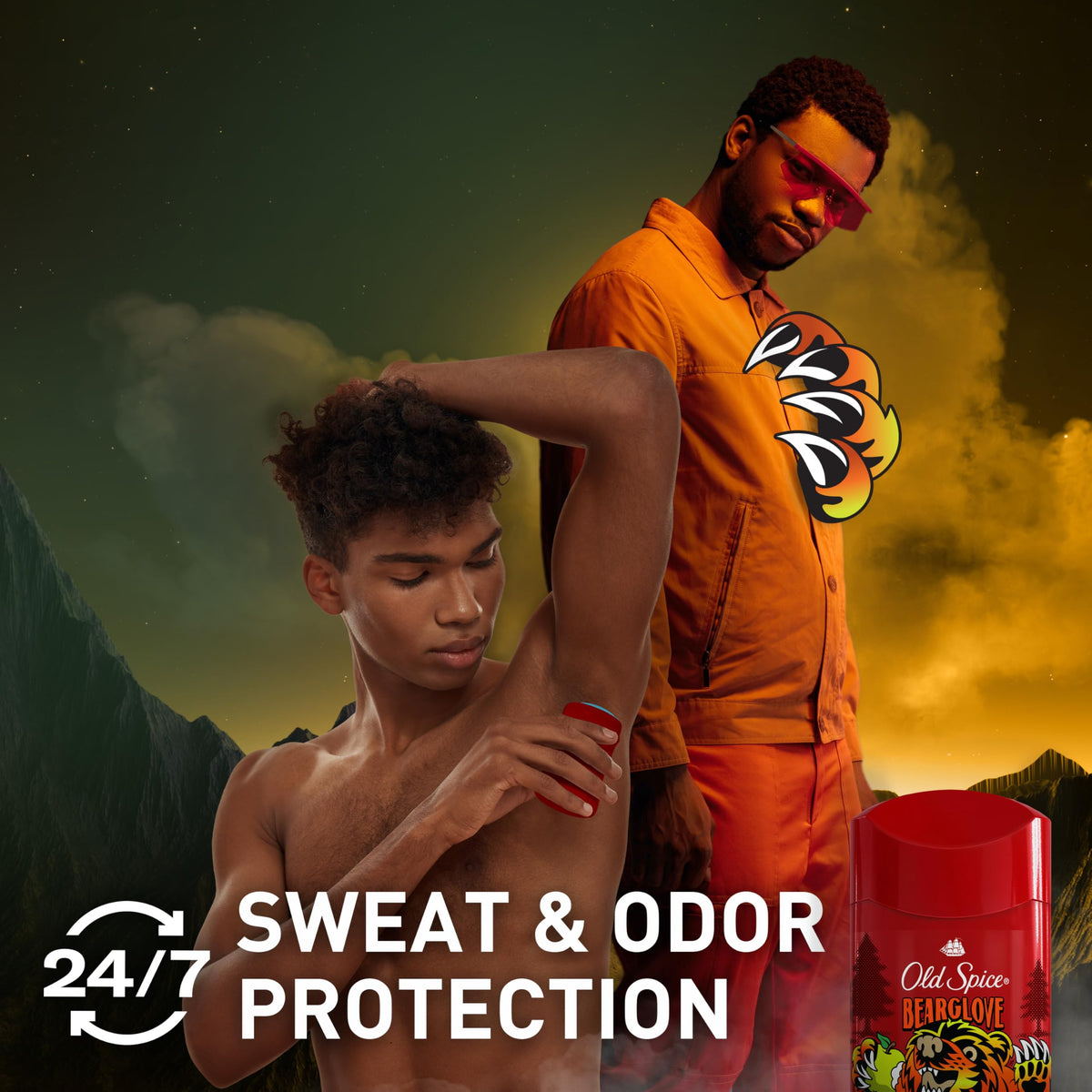 Old Spice Bearglove close-up label highlighting scent and 24/7 odor benefit