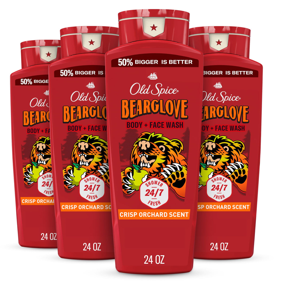 Old Spice bottle front showing Bearglove label and bold orchard scent benefit