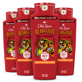 Old Spice bottle front showing Bearglove label and bold orchard scent benefit