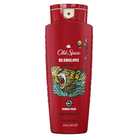 Old Spice front packaging showing Bearglove scent and size, clear product info benefit
