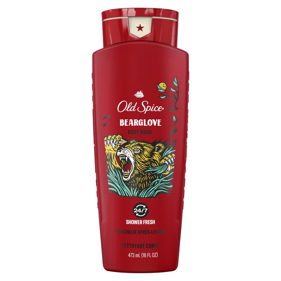 Old Spice front packaging showing Bearglove scent and size, clear product info benefit