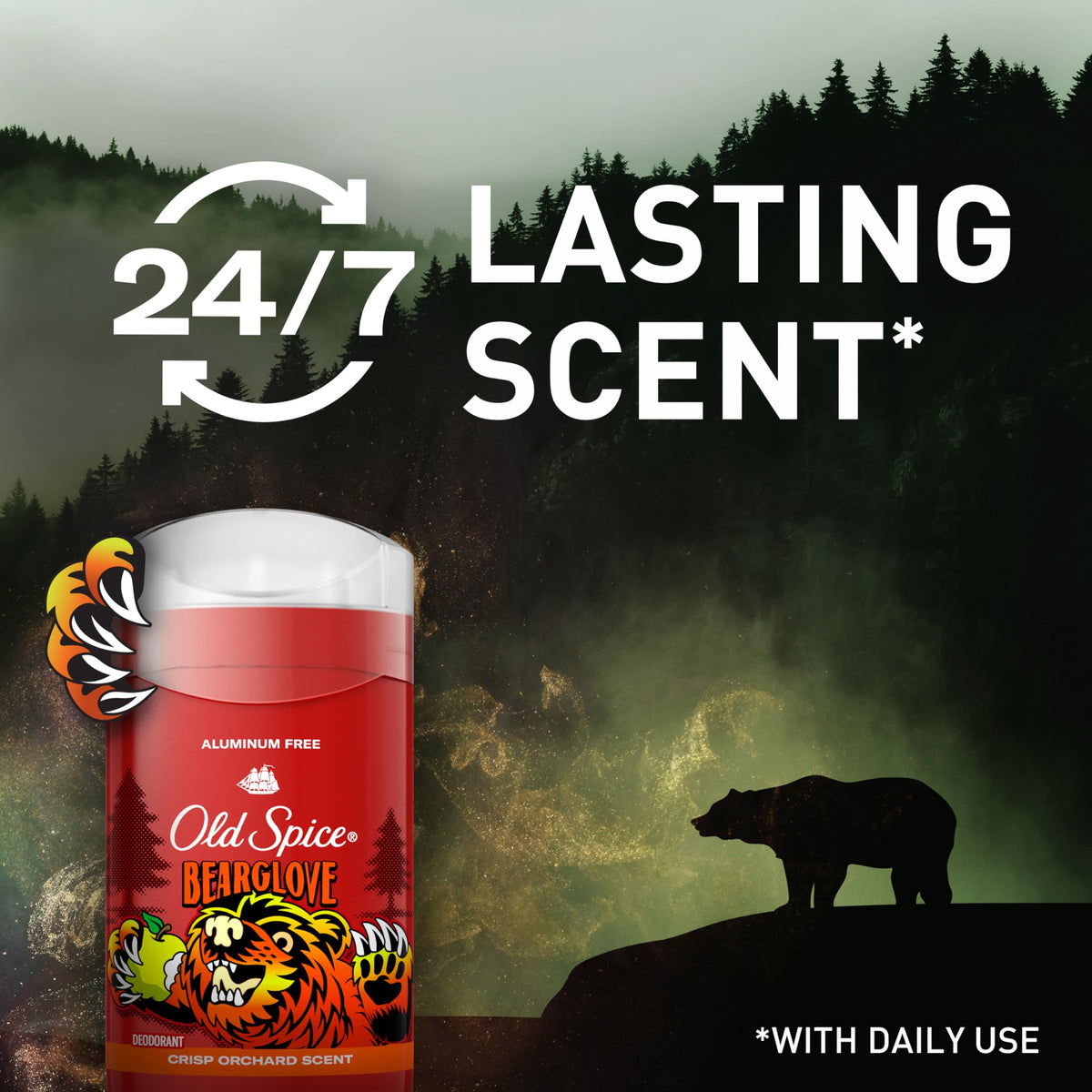 Old Spice Bearglove label close-up listing aluminum-free ingredients benefit