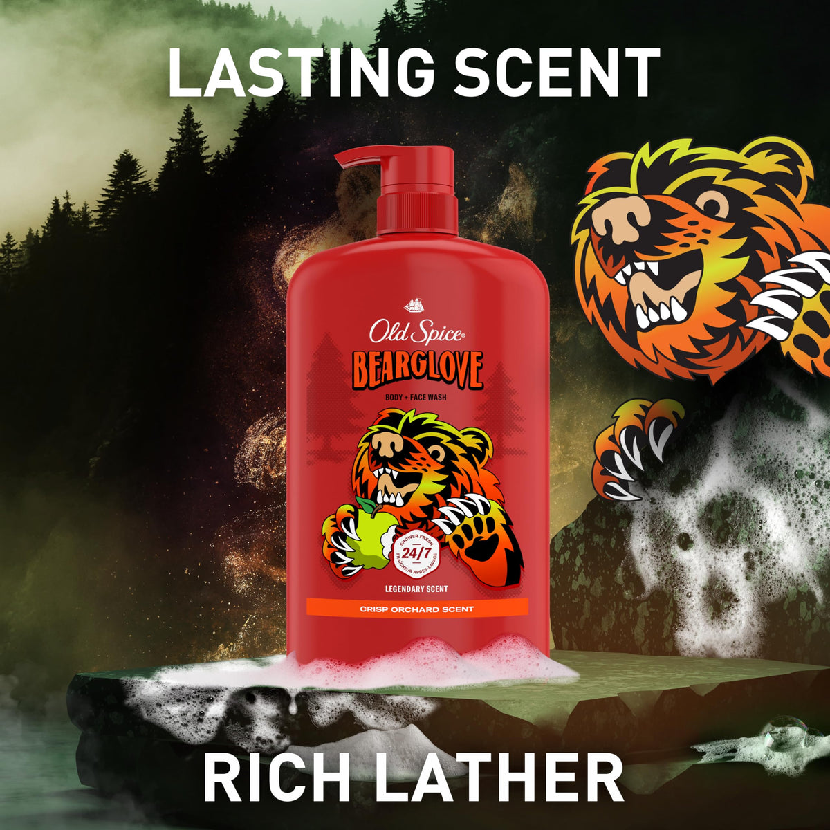 Old Spice next to towel scale shot illustrating large 33.4 fl oz bottle value
