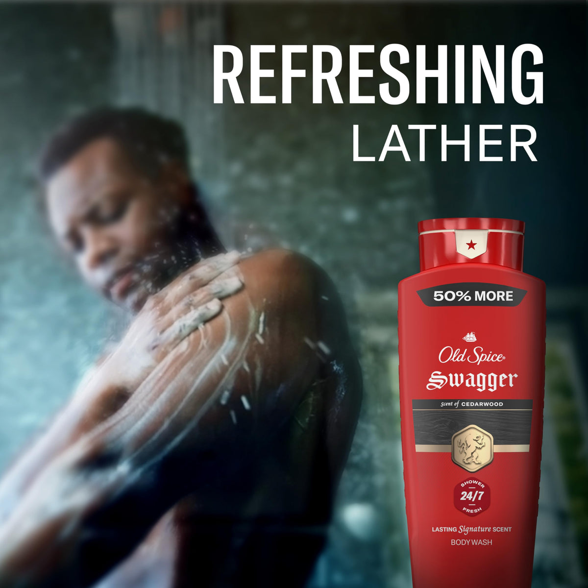 Old Spice body wash texture lathers into rich foam for thorough cleansing