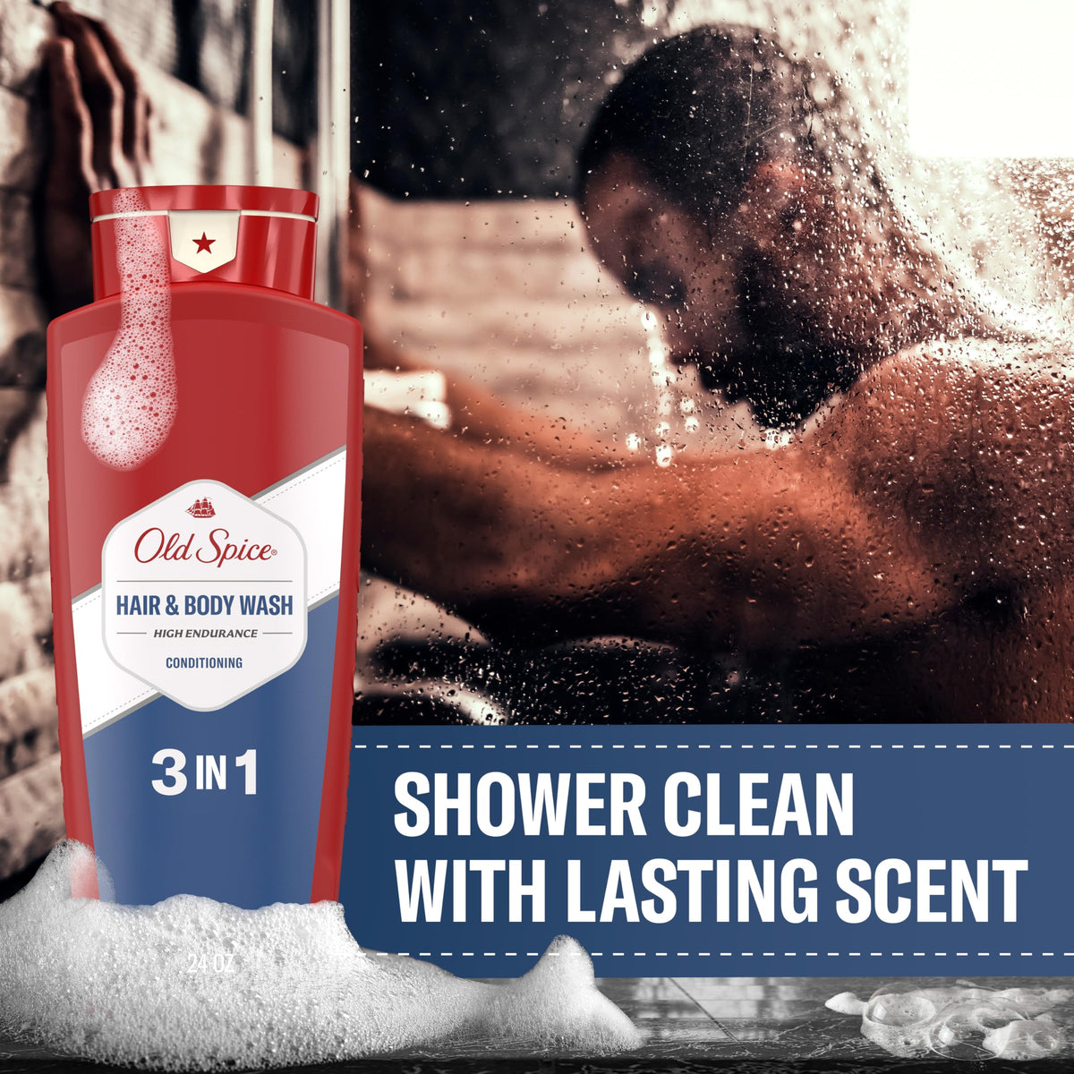 Old Spice bottle placed on shower shelf demonstrating convenience