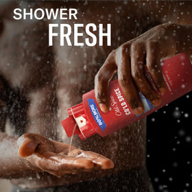 Old Spice bottle on shower shelf showing everyday convenience and accessibility