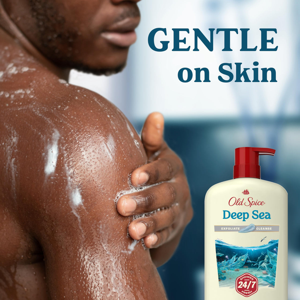 Old Spice bottle on shower shelf demonstrating convenient everyday access