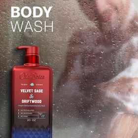 Old Spice bottle placed among shower products illustrating grooming coordination
