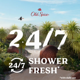 Old Spice bottle beside towel showing 30 oz size and practical scale