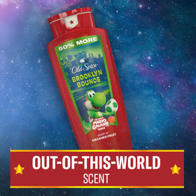 Old Spice bottle being used in shower demonstrating easy rinse-off benefit