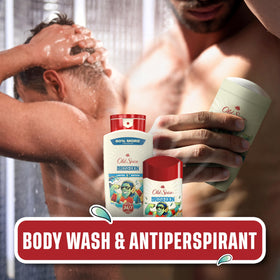 Old Spice Broseidon on bathroom shelf showing easy access and storage