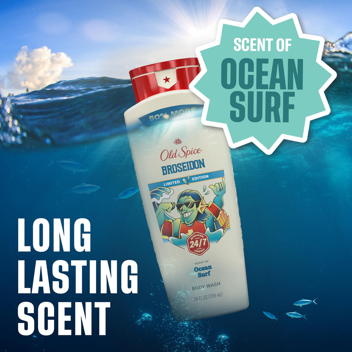 Old Spice Broseidon used in a beach-themed shower scene for fresh feeling