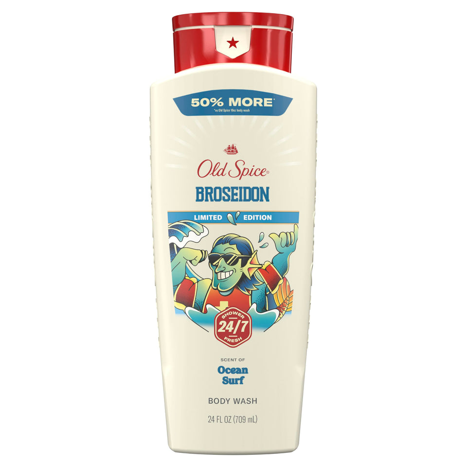 Old Spice Broseidon front packaging showing 24 oz bottle and ocean surf scent