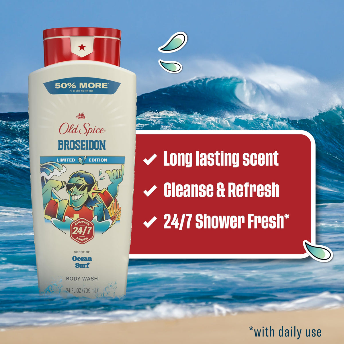 Old Spice Broseidon label close-up highlighting scent name and benefits