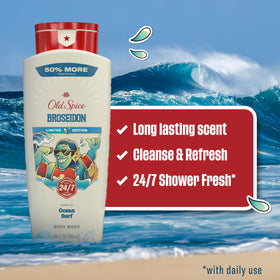 Old Spice Broseidon label close-up highlighting scent name and benefits