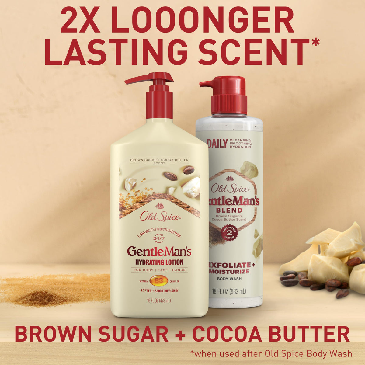 Old Spice brown sugar and cocoa ingredients display evoking warm scent and comfort
