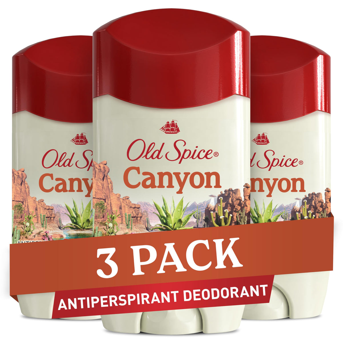 Old Spice Canyon front packaging showing three sticks and scent branding for reliable protection