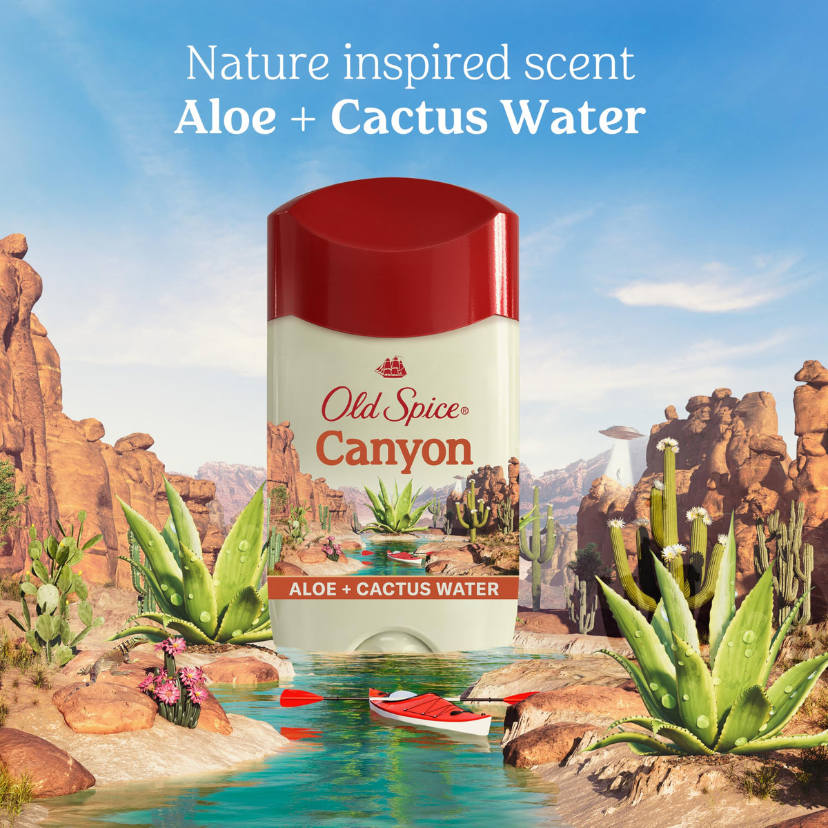 Old Spice Canyon label close-up showing brand and functional claims for informed choice
