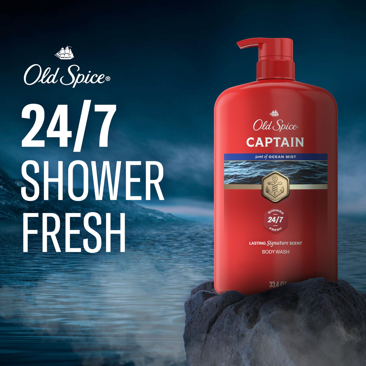 Old Spice Captain bottle held next to hand illustrating 33.4 oz size for long-lasting use