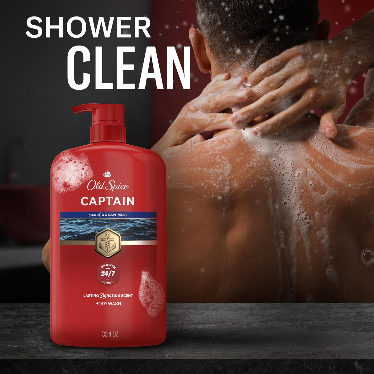 Old Spice Captain close-up of thick lather demonstrating rich foam and effective cleansing