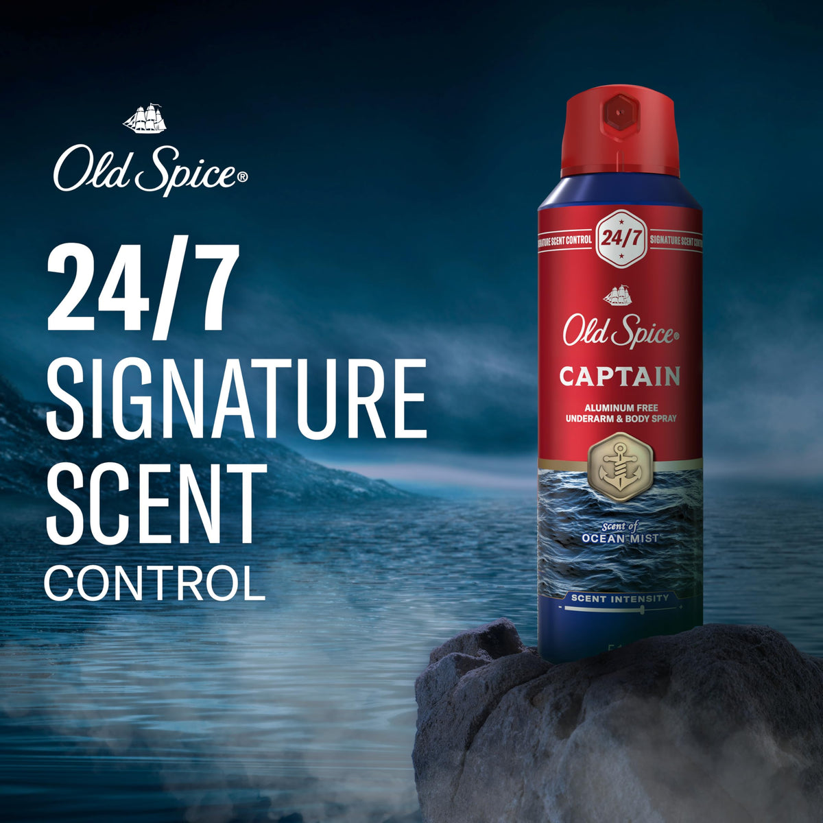 Old Spice Captain close-up nozzle highlighting precise spray and quick coverage