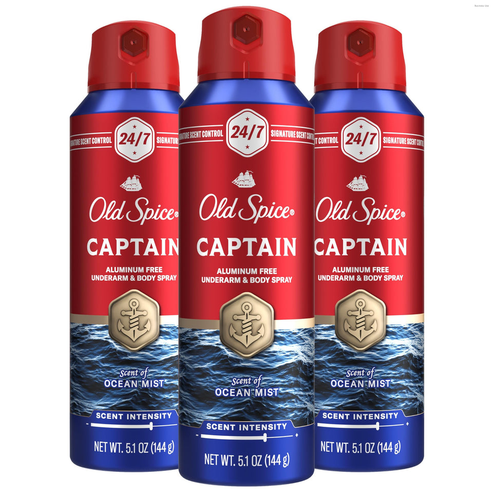 Old Spice Captain front packaging showing bold scent and aluminum-free benefit